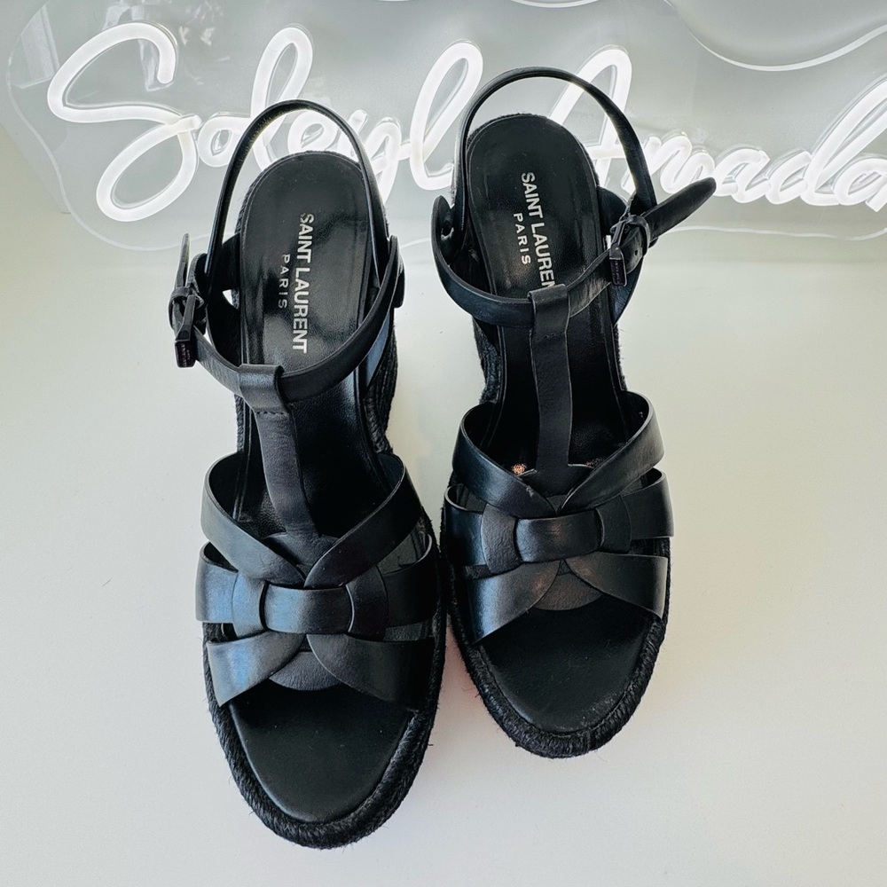 Saint Laurent Tribute Wedge Espadrilles Black Leather Platform Designer Sandals - Picture 9 of 10
